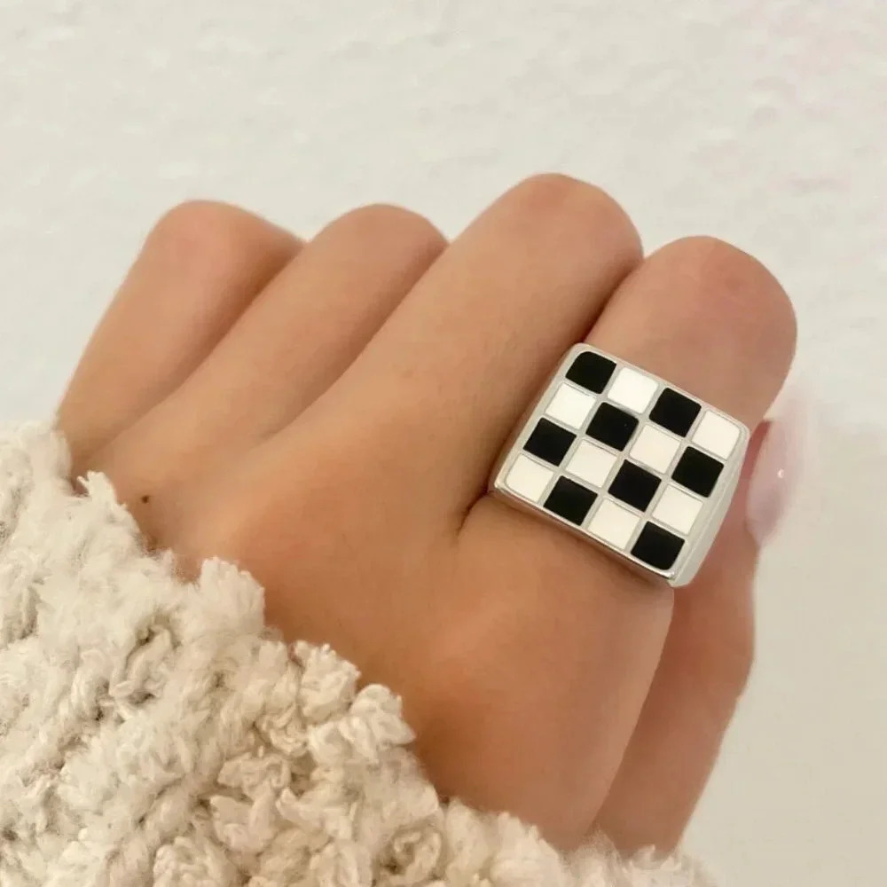 925 Sterling Silver Black & White Checkered Ring Square Ring